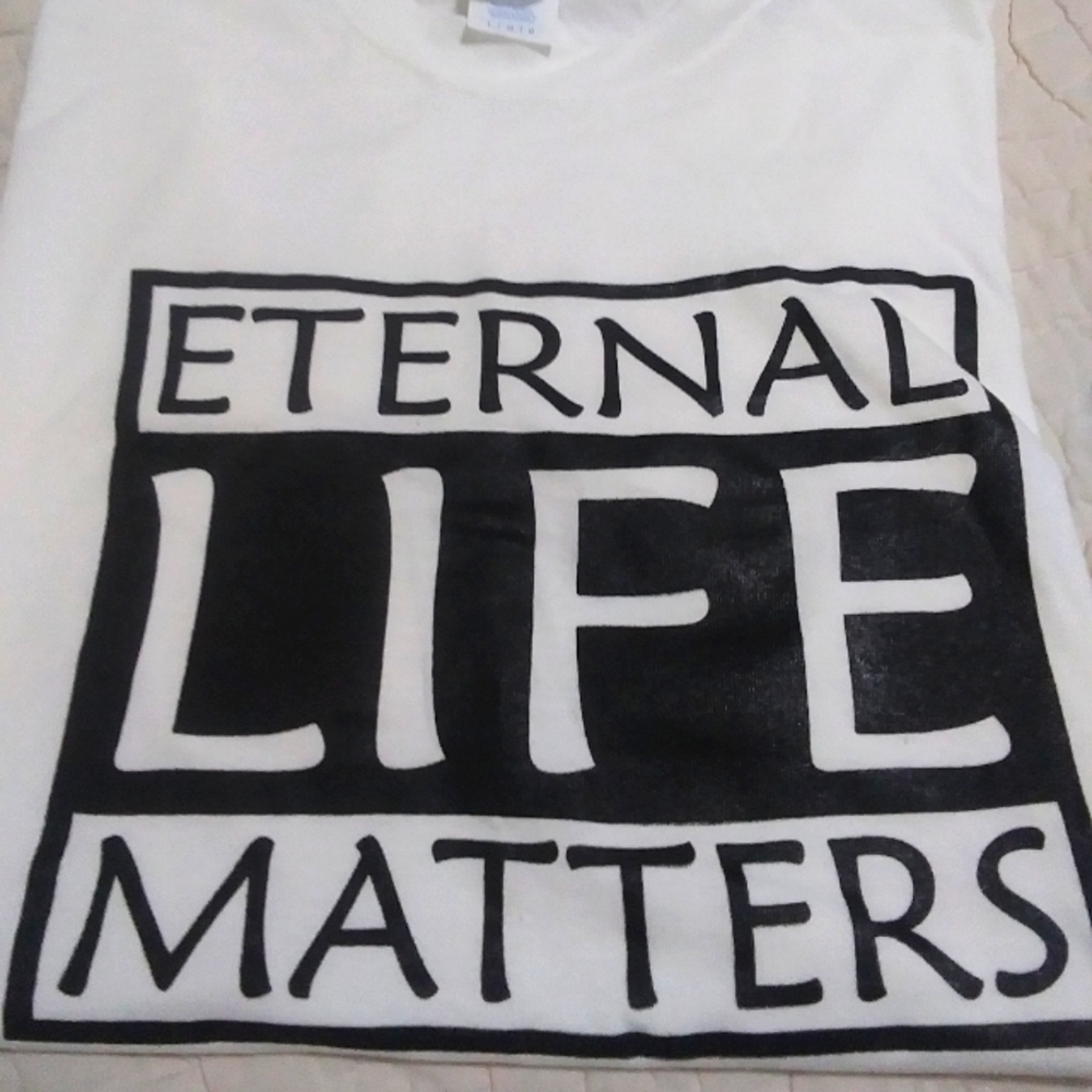 Larger white with blk letters t-shirt